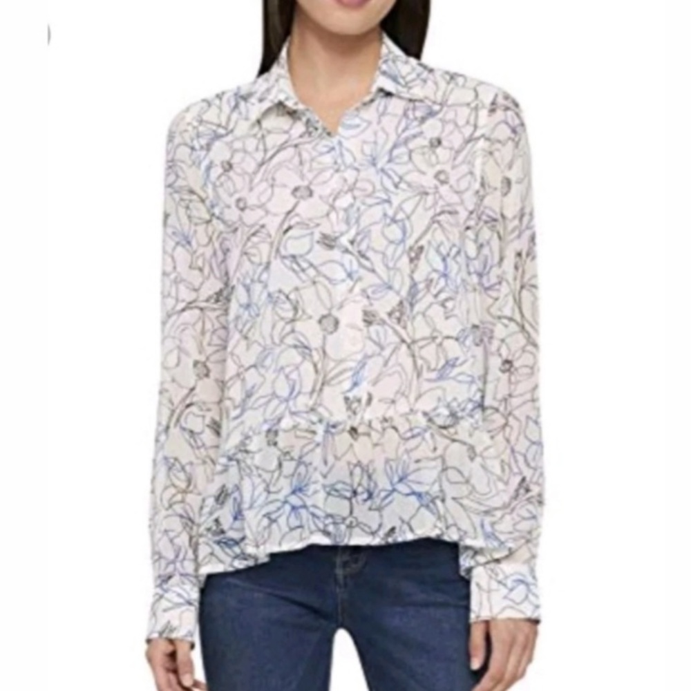 Tommy Hilfiger White Floral Sheer Top Ruffle Hem S